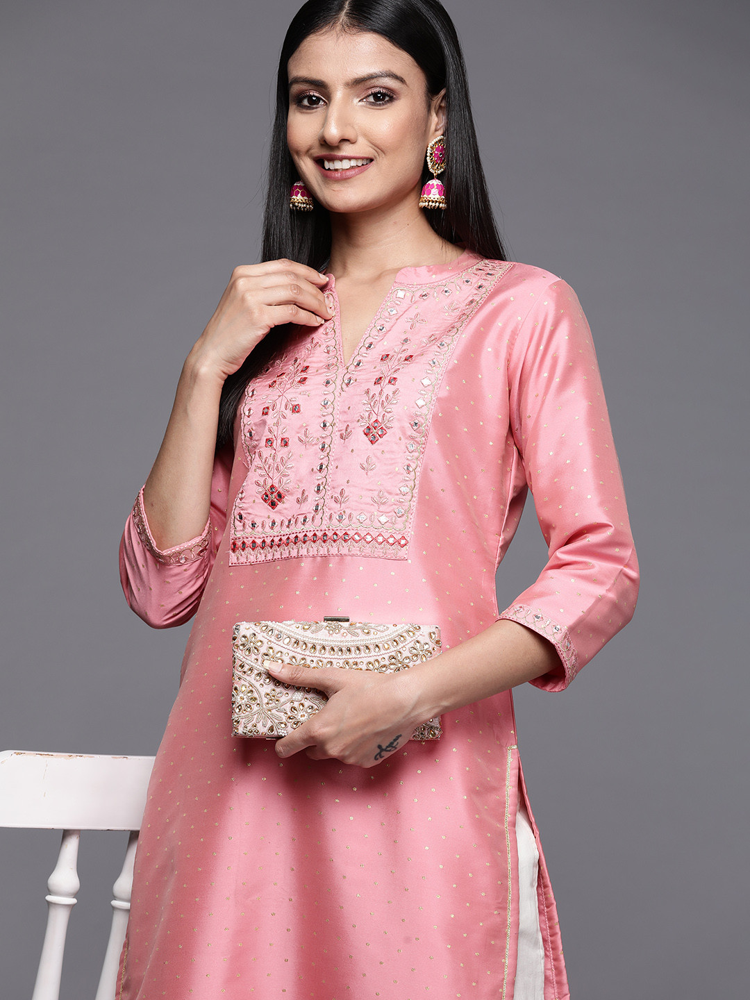 

Libas Women Pink Floral Yoke Design Mirror Work Kurta