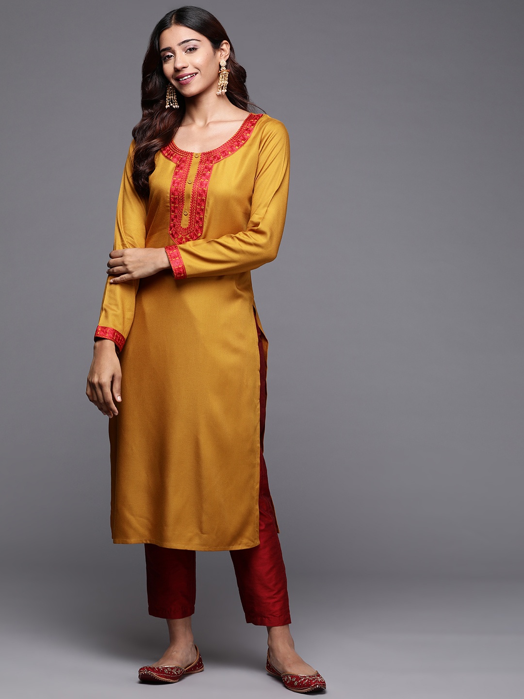 

Libas Women Mustard Yellow Floral Yoke Design Pashmina Wool Kurta