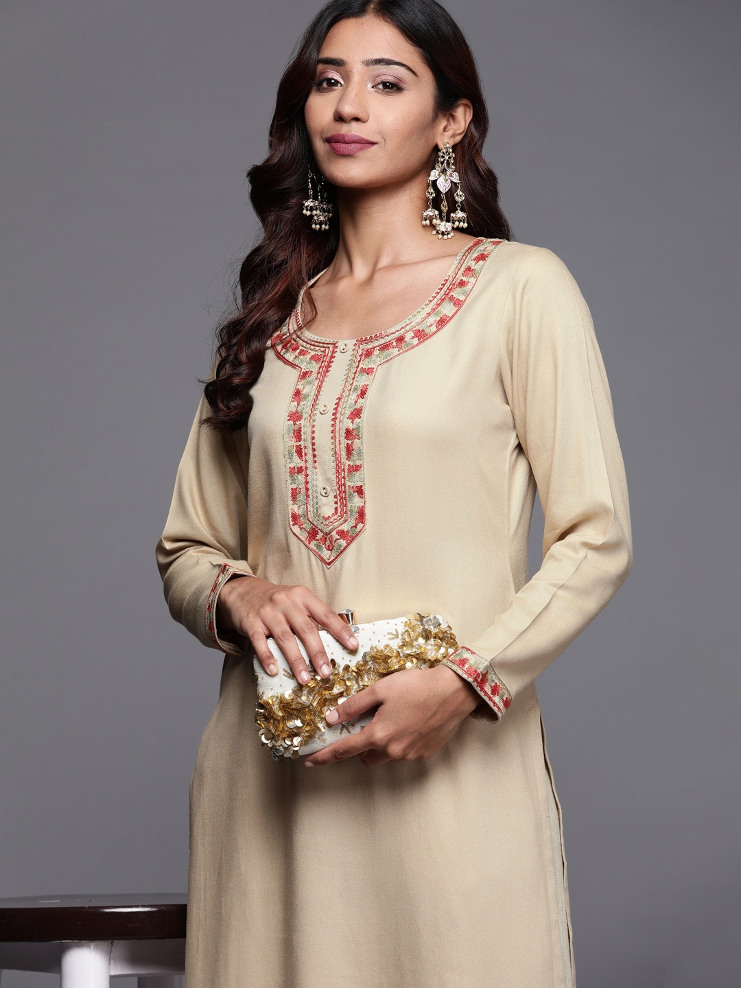 

Libas Women Beige Floral Yoke Design Pashmina Wool Kurta