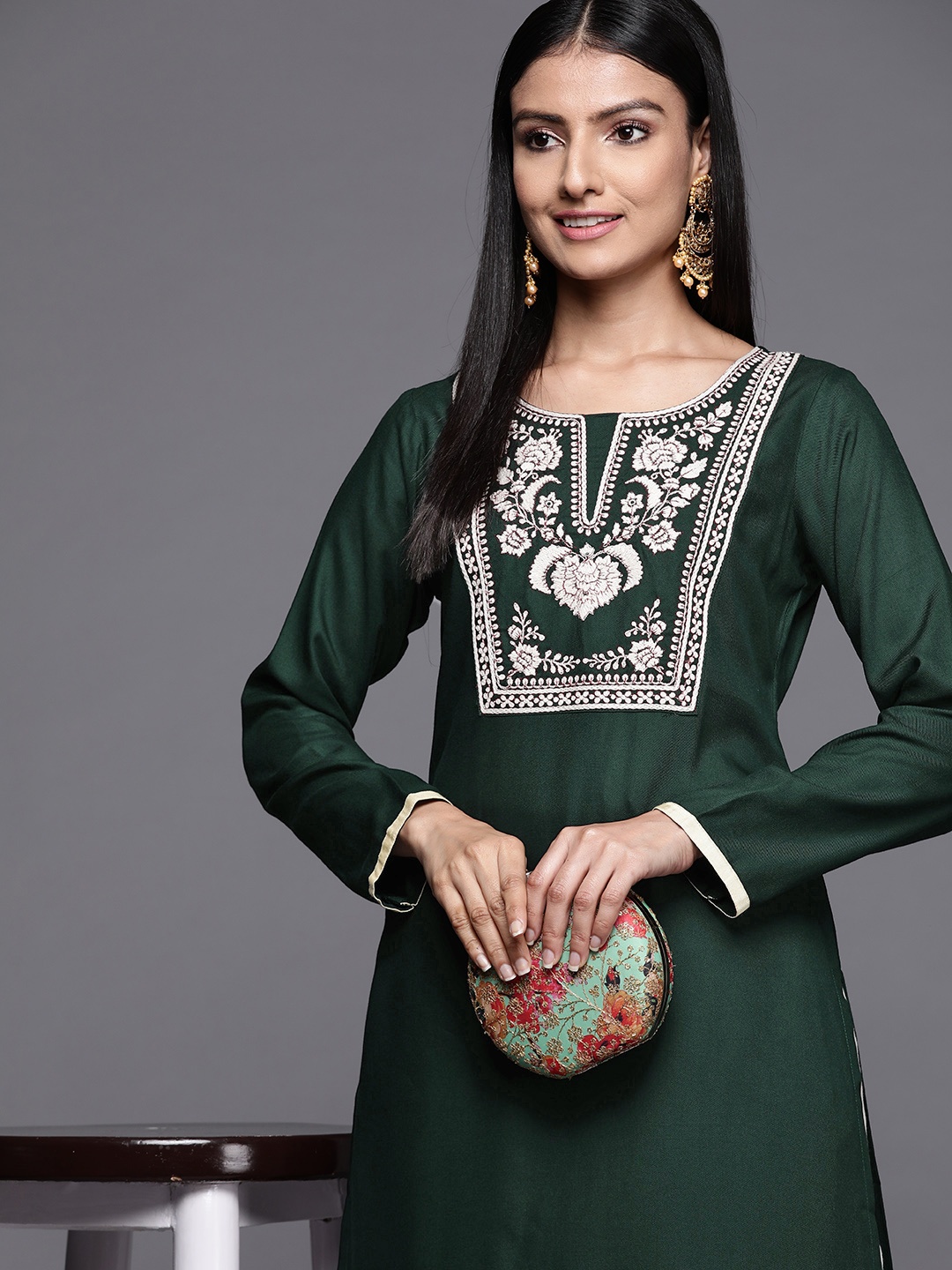 

Libas Women Green Pashmina Wool Floral Yoke Design Kurta