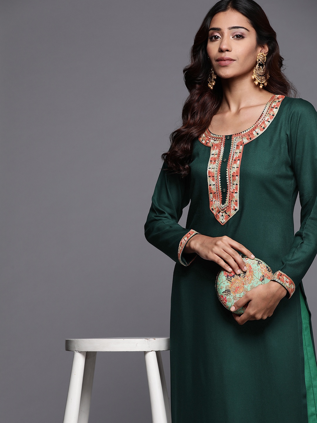 

Libas Women Green Pashmina Wool Floral Yoke Design Kurta