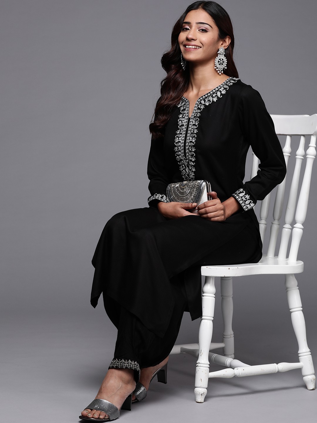 

Libas Women Black Pashmina Wool Paisley Yoke Design Kurta