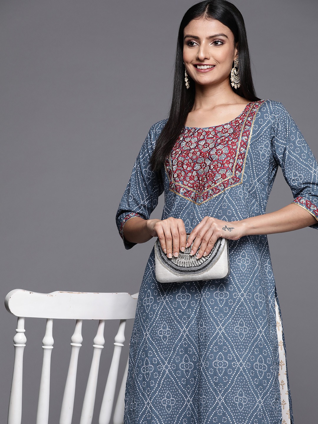 

Libas Women Blue Bandhani Printed Gotta Patti Cotton Kurta