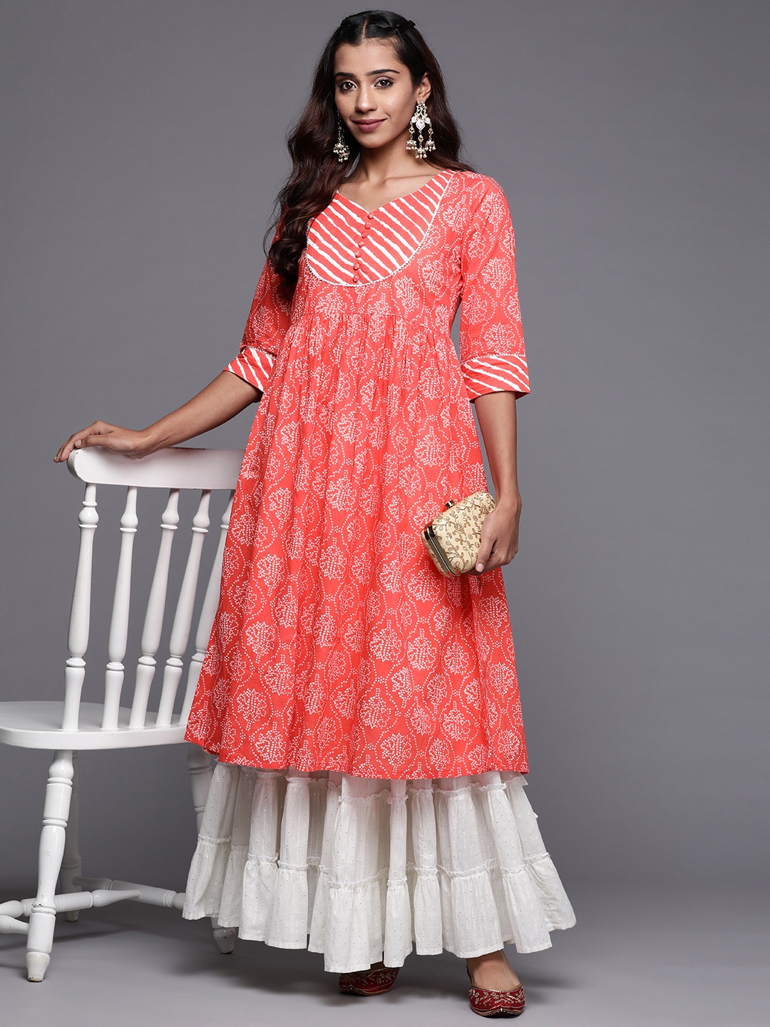 

Libas Women Coral Bandhani Yoke Design Gotta Patti Anarkali Kurta