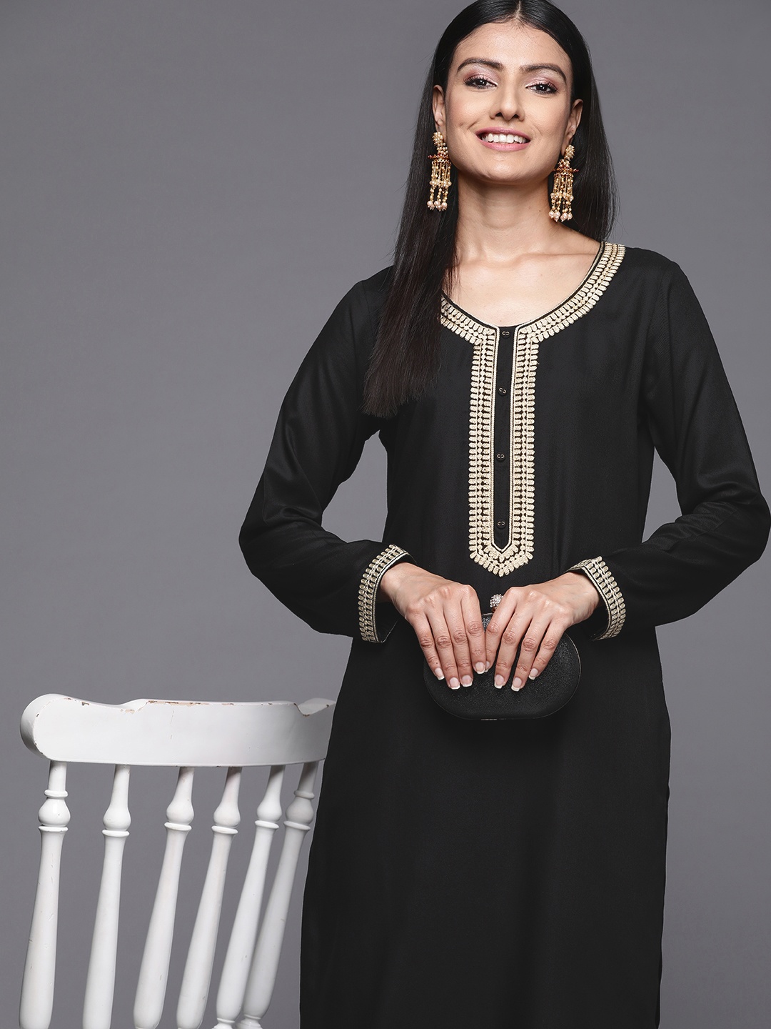 

Libas Women Black Pashmina Wool Geometric Embroidered Thread Work Kurta