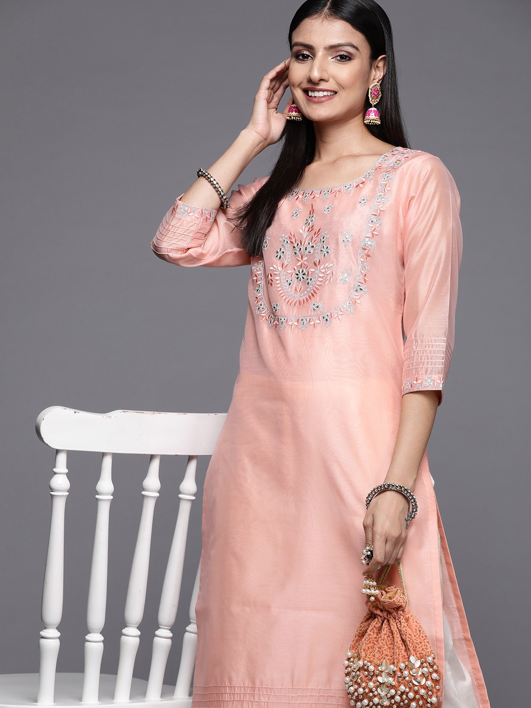

Libas Women Pink Floral Yoke Design Gotta Patti Chanderi Silk Kurta