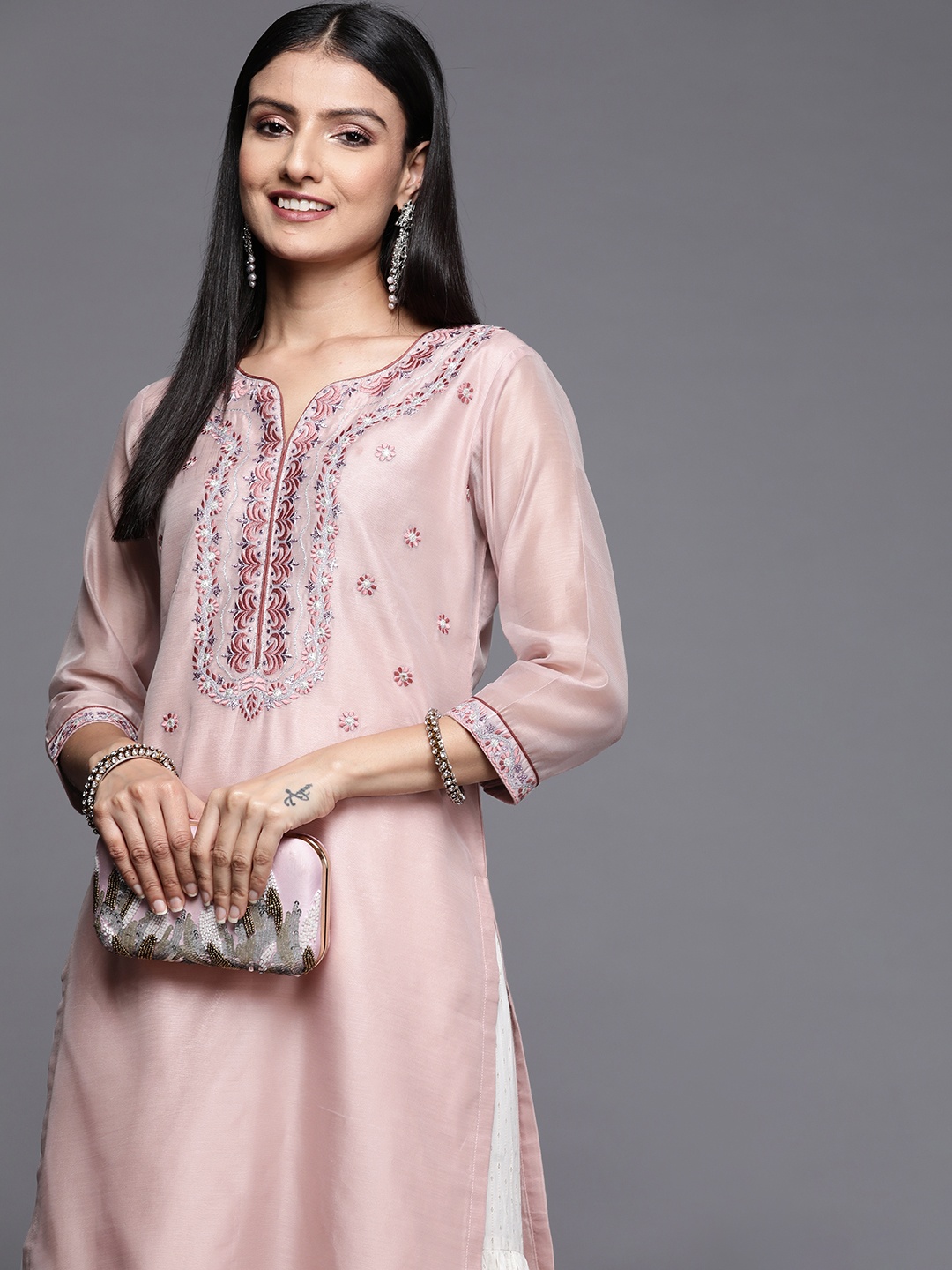 

Libas Women Mauve Floral Yoke Design Mirror Work Kurta