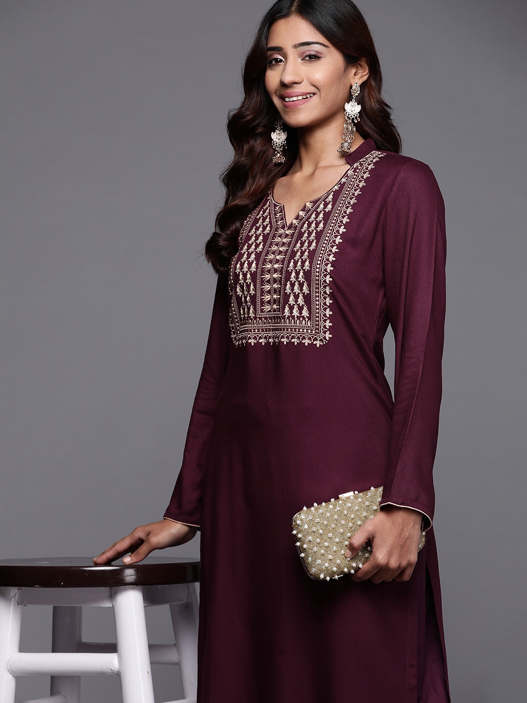 

Libas Women Purple Pashmina Wool Yoke Design Thread Work Kurta