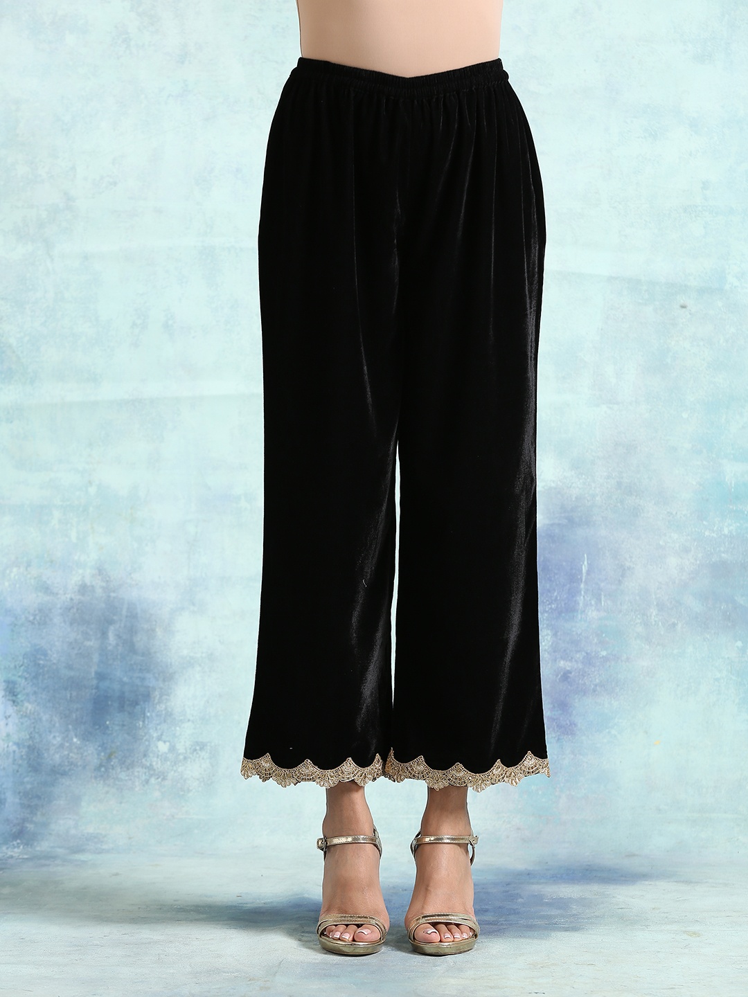 

trueBrowns Women Black Straight Fit Velvet Lace Trouser