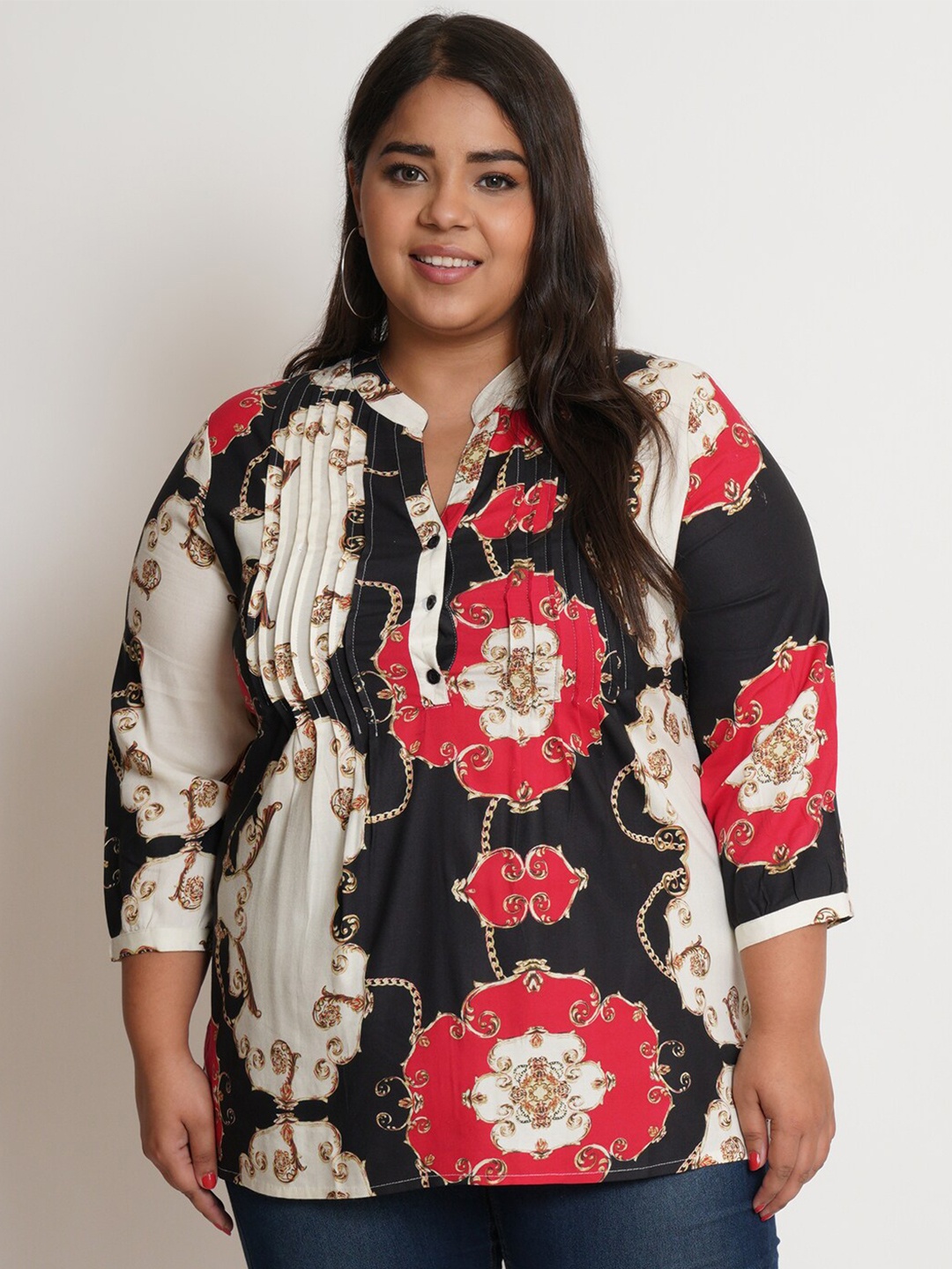 

IX IMPRESSION Black Floral Print Mandarin Collar Top