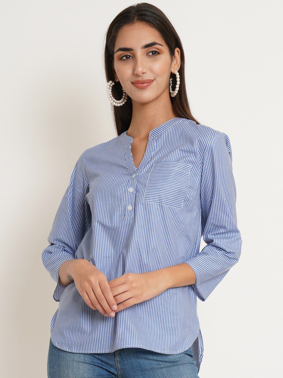 

IX IMPRESSION Blue Striped Mandarin Collar Shirt Style Pure Cotton Top