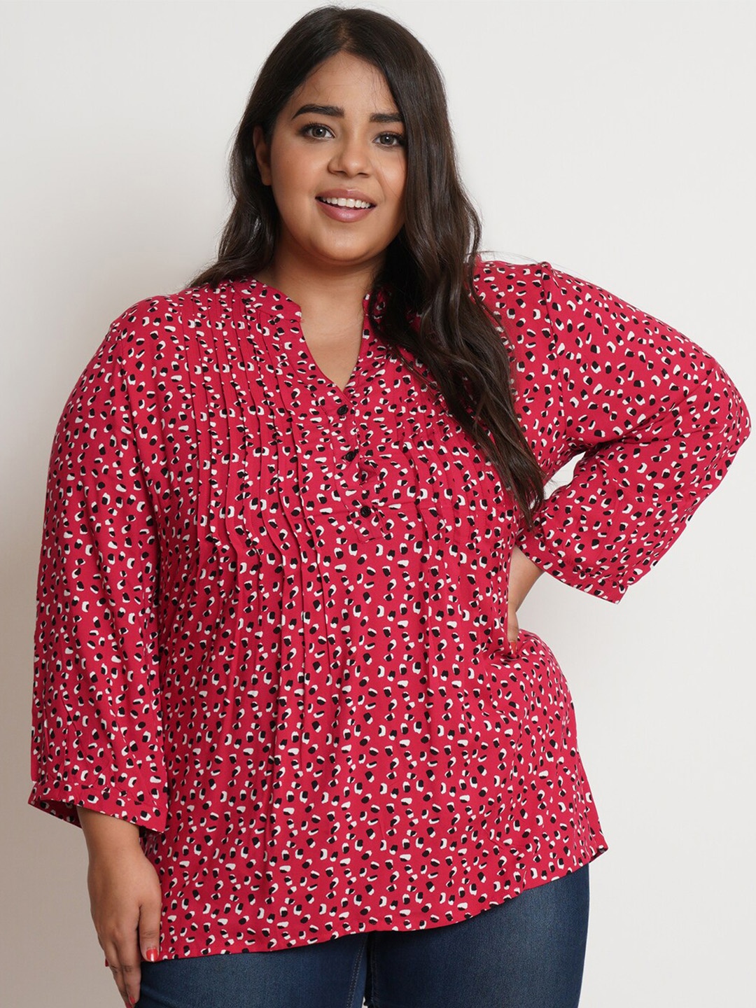

IX IMPRESSION Maroon Floral Print Mandarin Collar Top