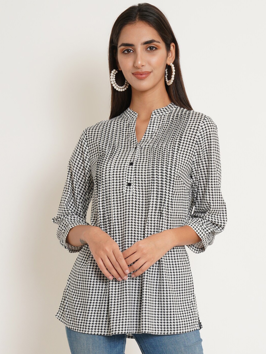 

IX IMPRESSION Black Checked Mandarin Collar Shirt Style Top