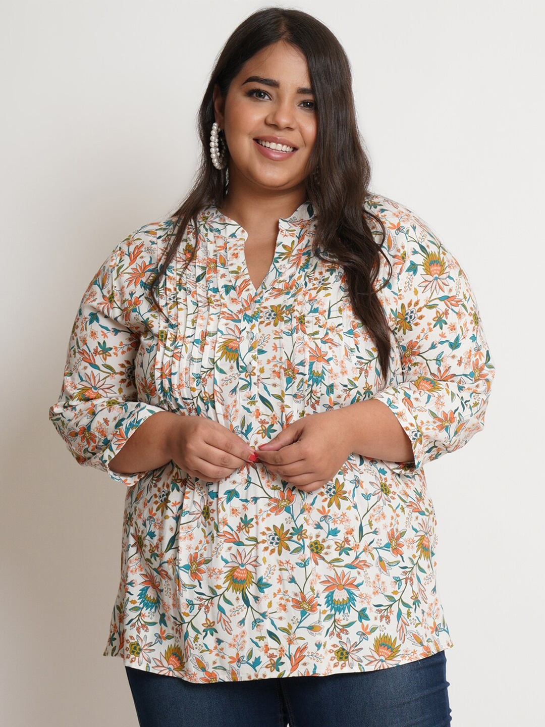 

IX IMPRESSION Multicoloured Floral Print Mandarin Collar Top, Multi