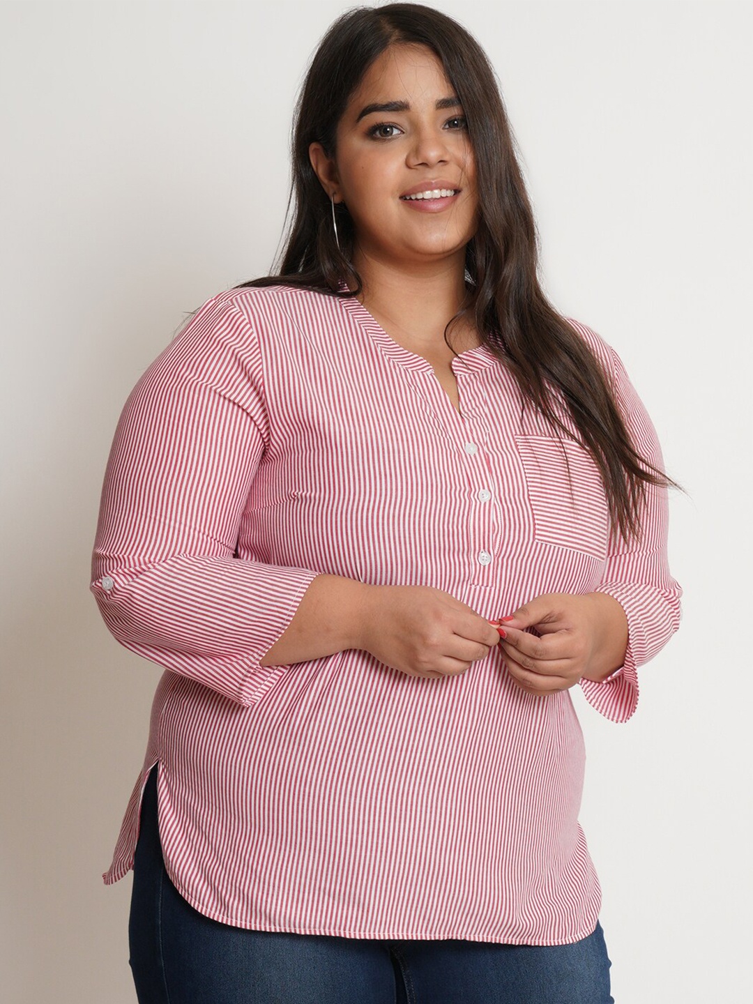 

IX IMPRESSION Red Striped Mandarin Collar Pure Cotton Top