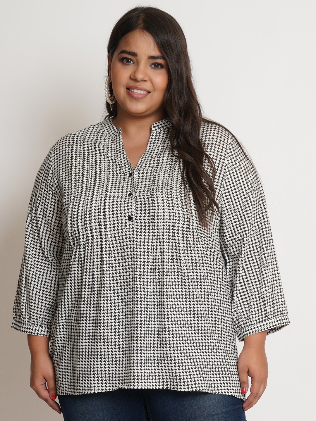 

IX IMPRESSION Black Checked Mandarin Collar Top