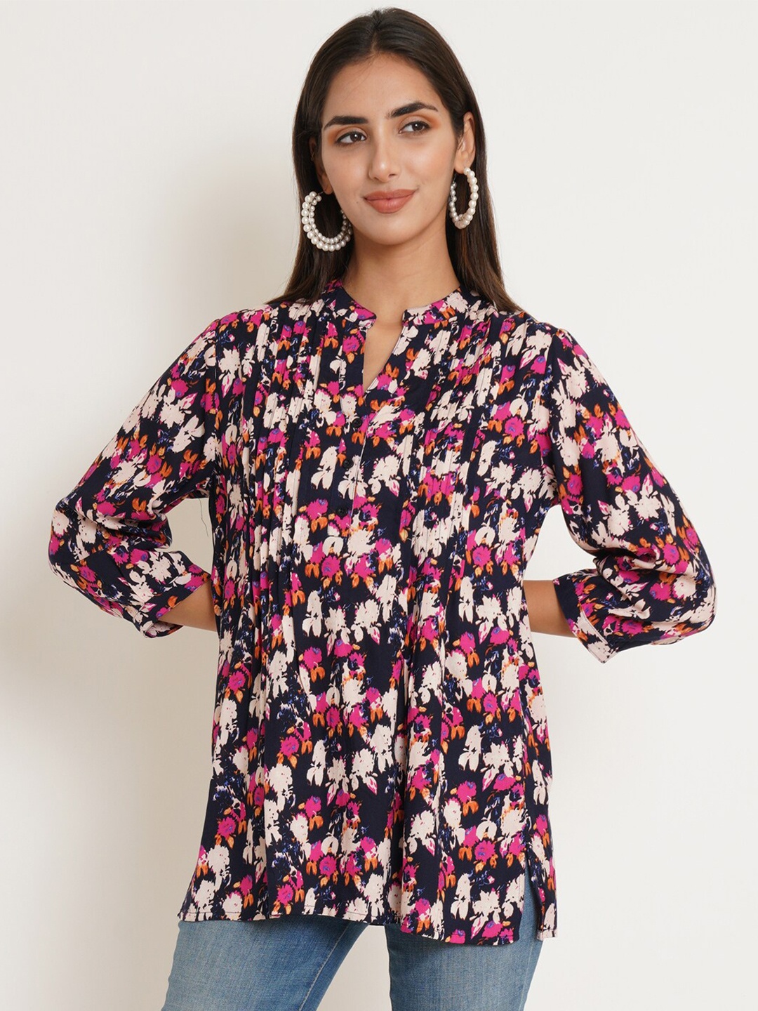 

IX IMPRESSION Black Print Mandarin Collar Shirt Style Top