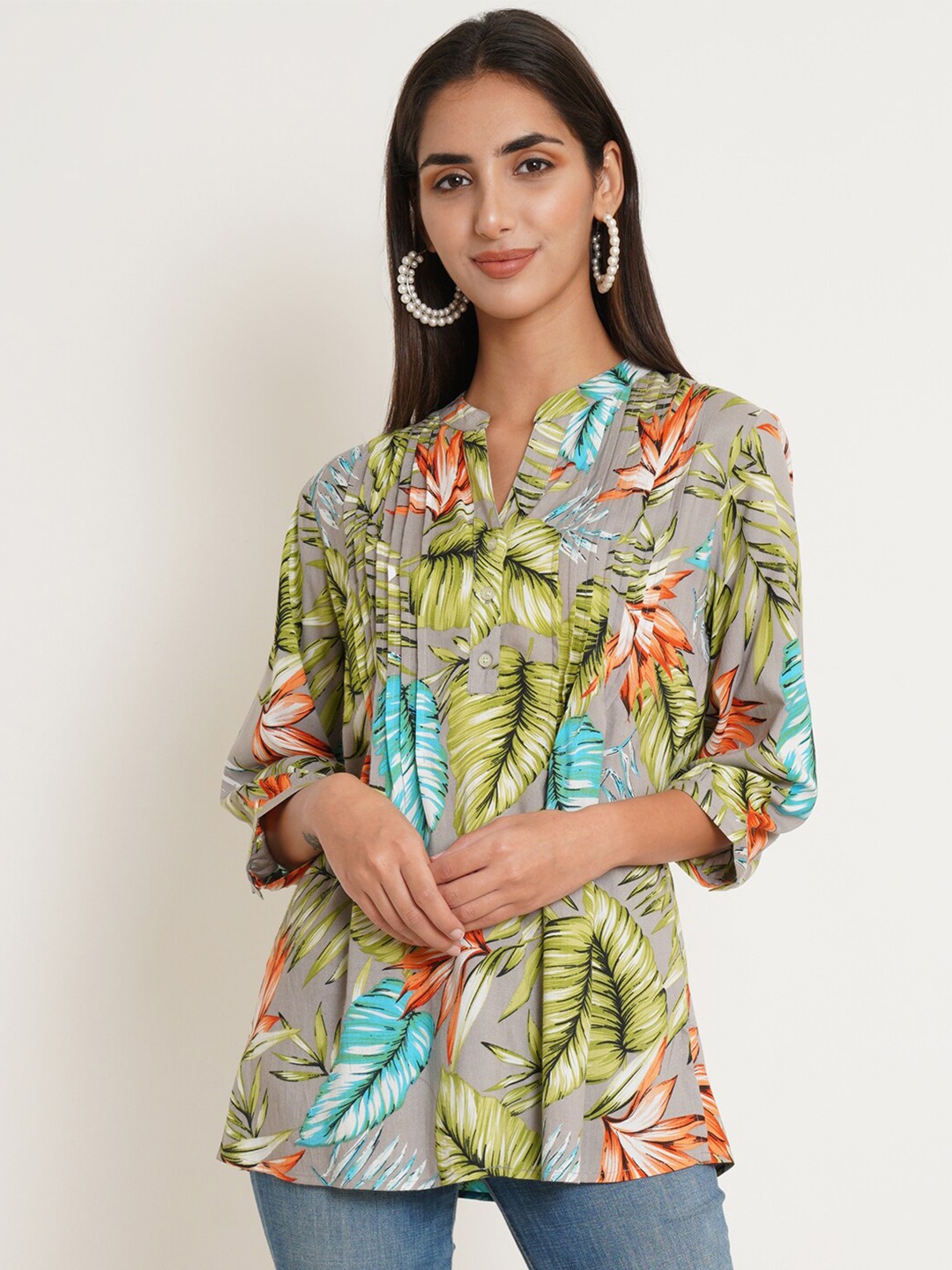 

IX IMPRESSION Grey Tropical Print Mandarin Collar Tropical Top