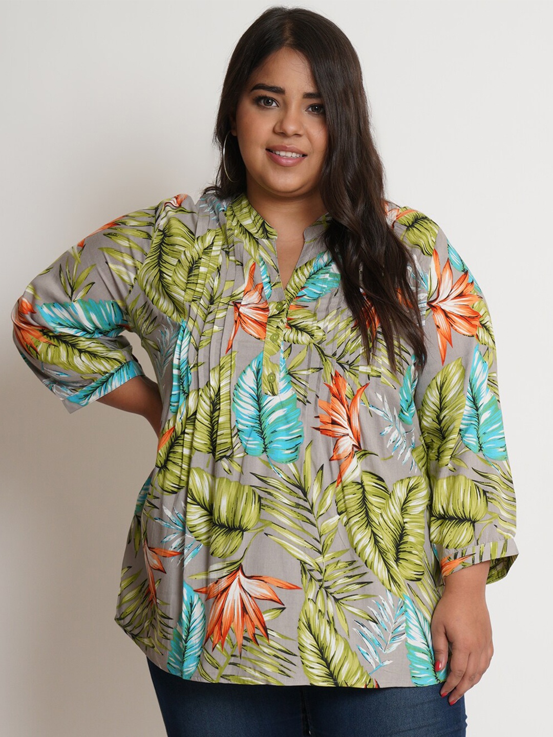 

IX IMPRESSION Grey & Green Tropical Print Mandarin Collar Tropical Top
