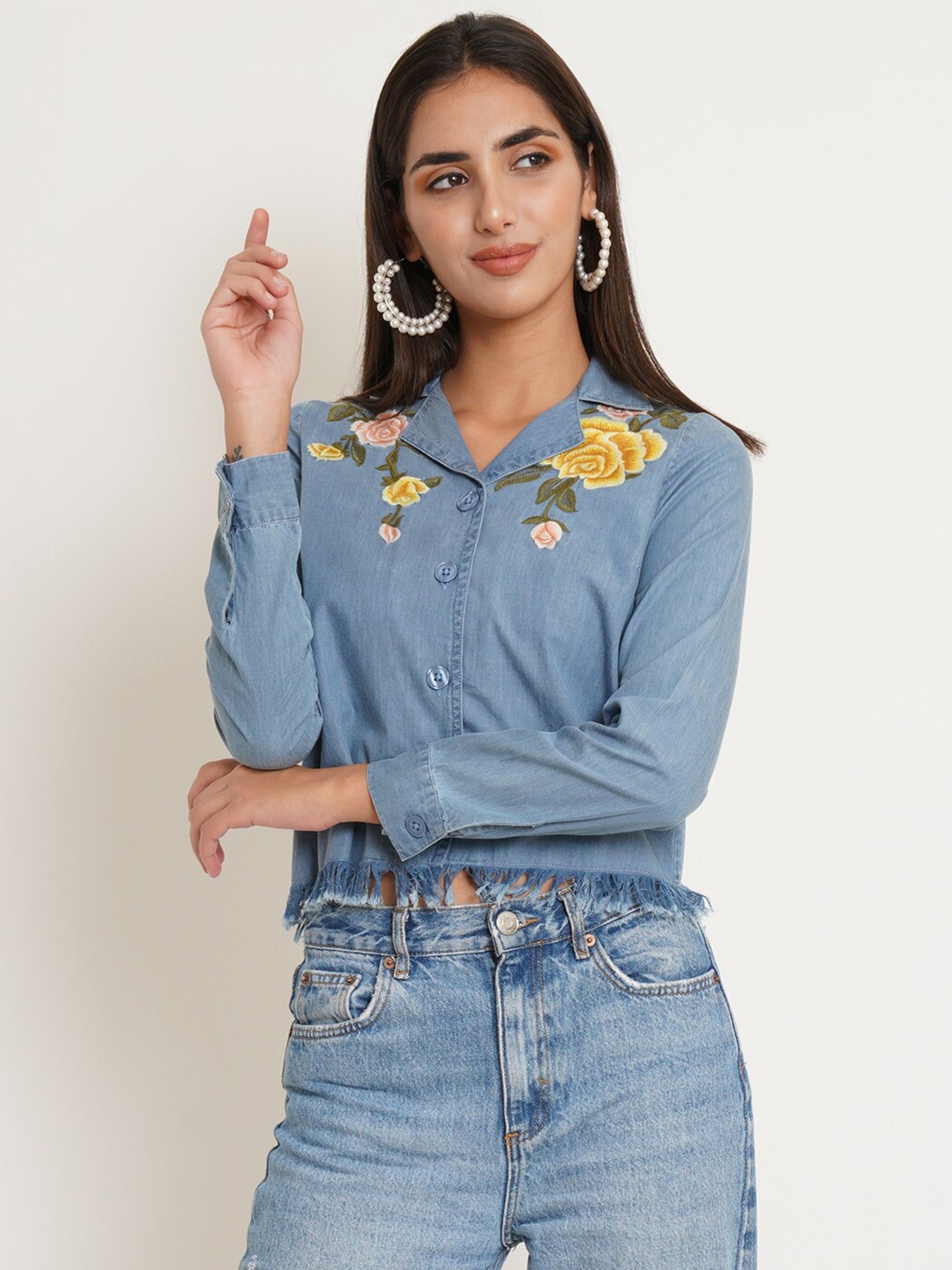 

IX IMPRESSION Women Blue Floral Embroidered Cotton Denim Casual Shirt
