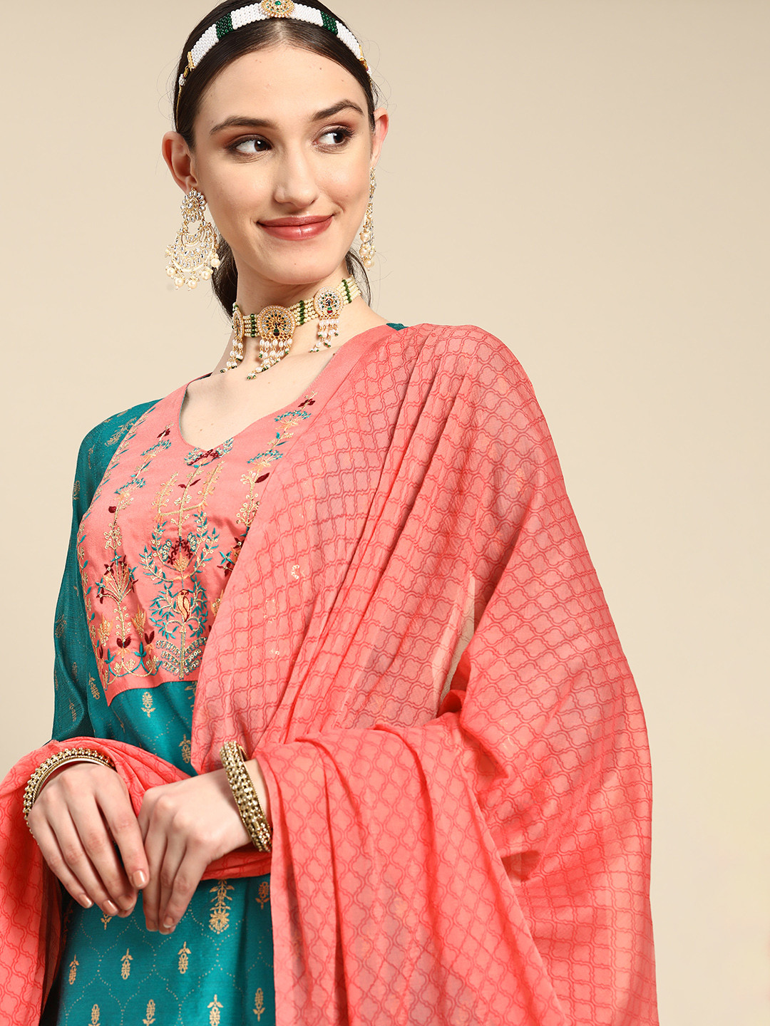 

Sangria Women Teal Ethnic Motifs Embroidered Thread Work Kurta with Trousers & With Dupatta