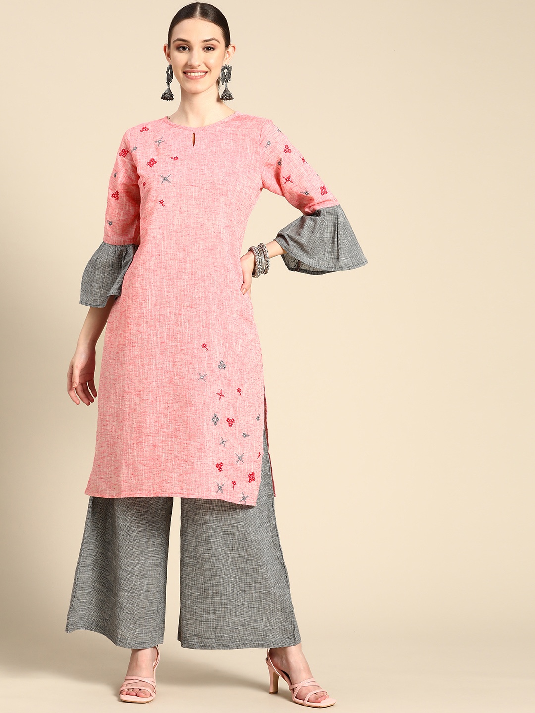 

Sangria Women Pink Ethnic Motifs Embroidered Thread Work Kurta with Palazzos