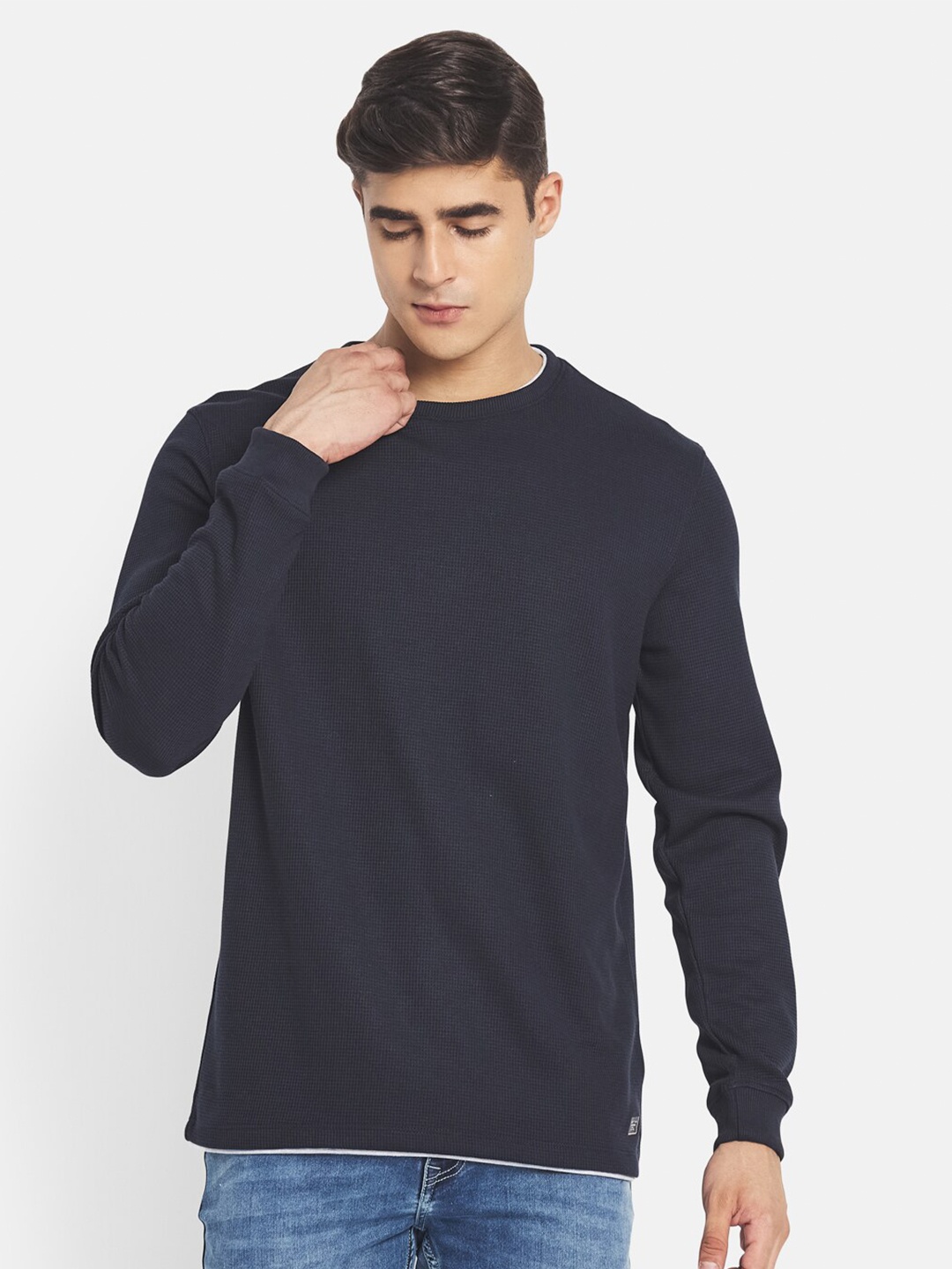 

METTLE Men Navy Blue Solid Cotton T-shirt