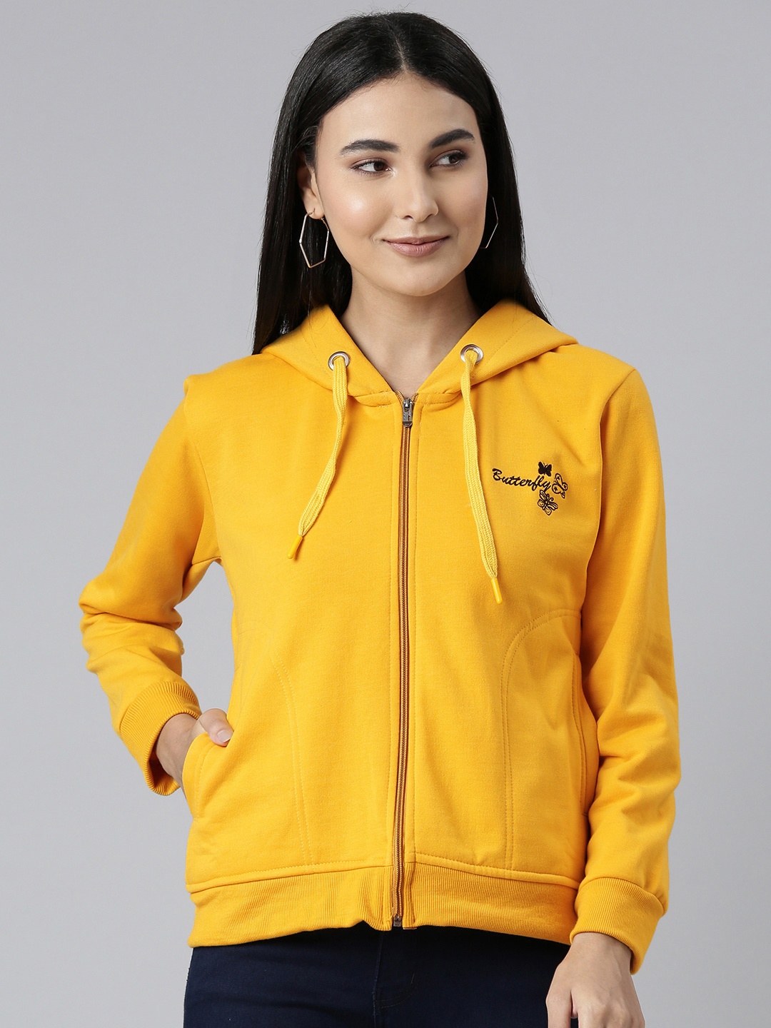 

ADBUCKS Women Mustard Yellow Embroidered Hooded Sweatshirt