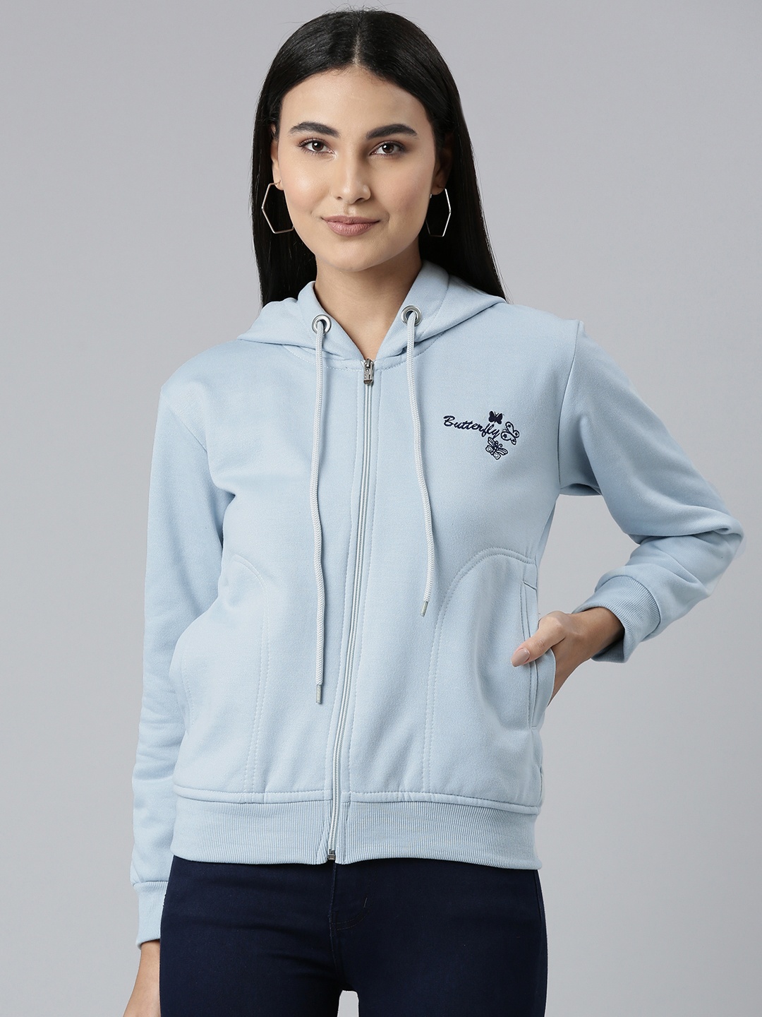 

ADBUCKS Women Turquoise Blue Embroidered Hooded Sweatshirt