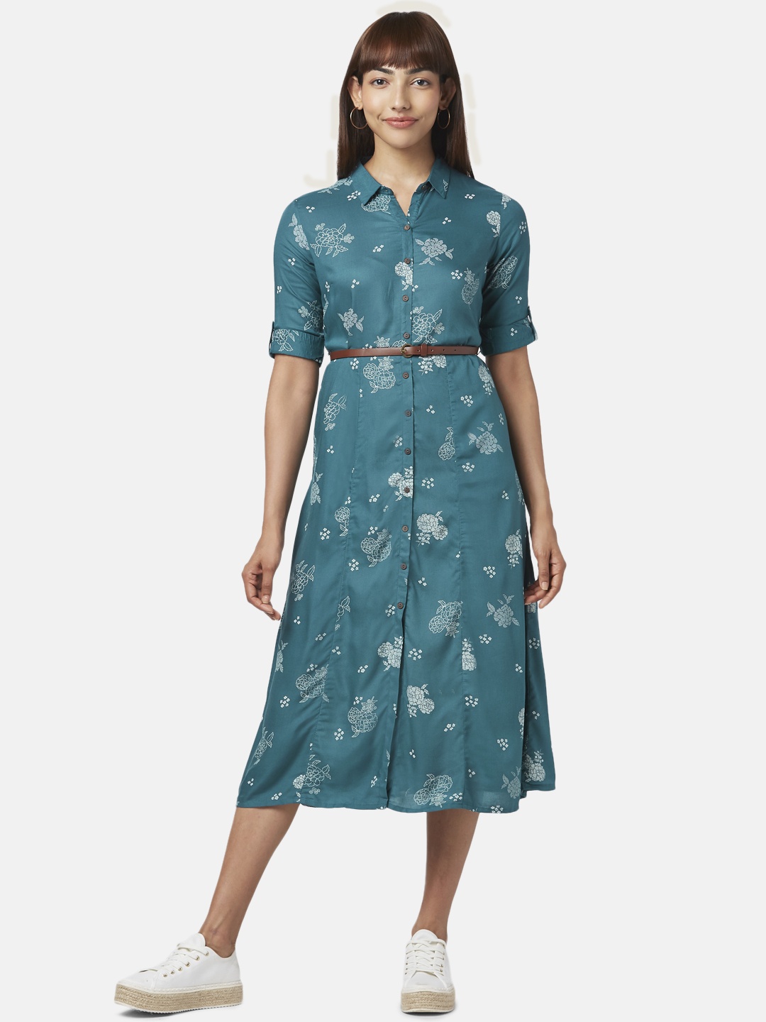 

AKKRITI BY PANTALOONS Women Teal Floral Shirt Midi Dress