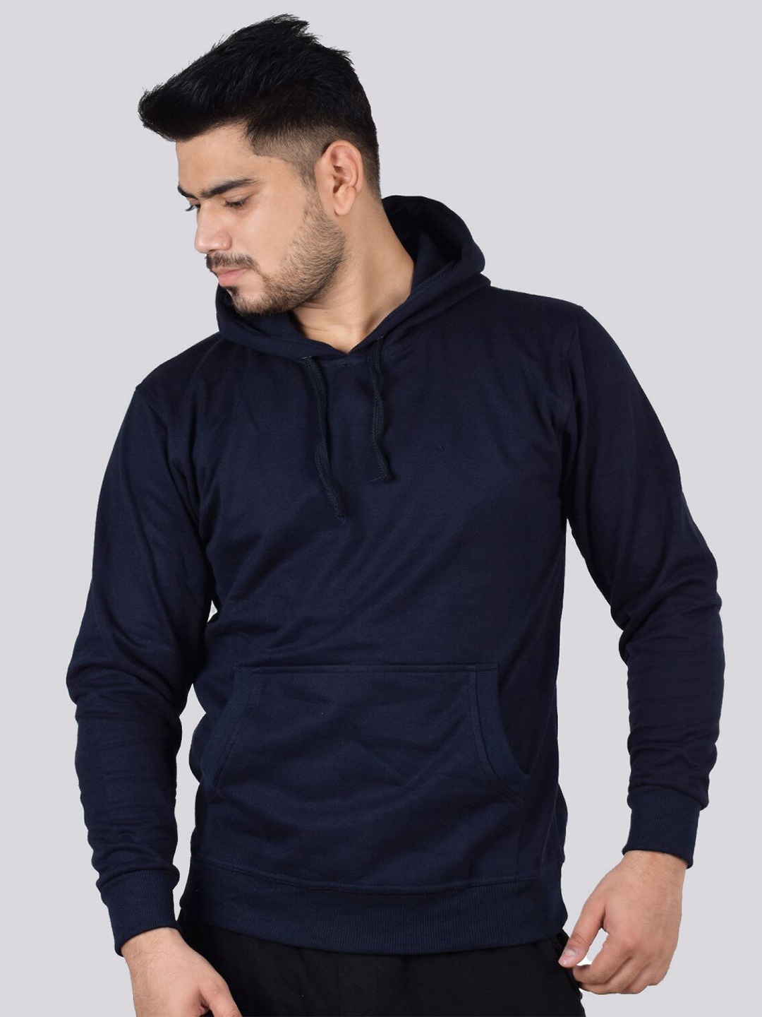 

TEEMOODS Men Navy Blue Hooded Cotton Sweatshirt