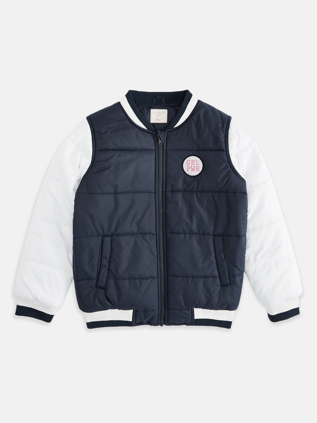 

Pantaloons Junior Girls Navy Blue White Colourblocked Bomber with Patchwork Jacket