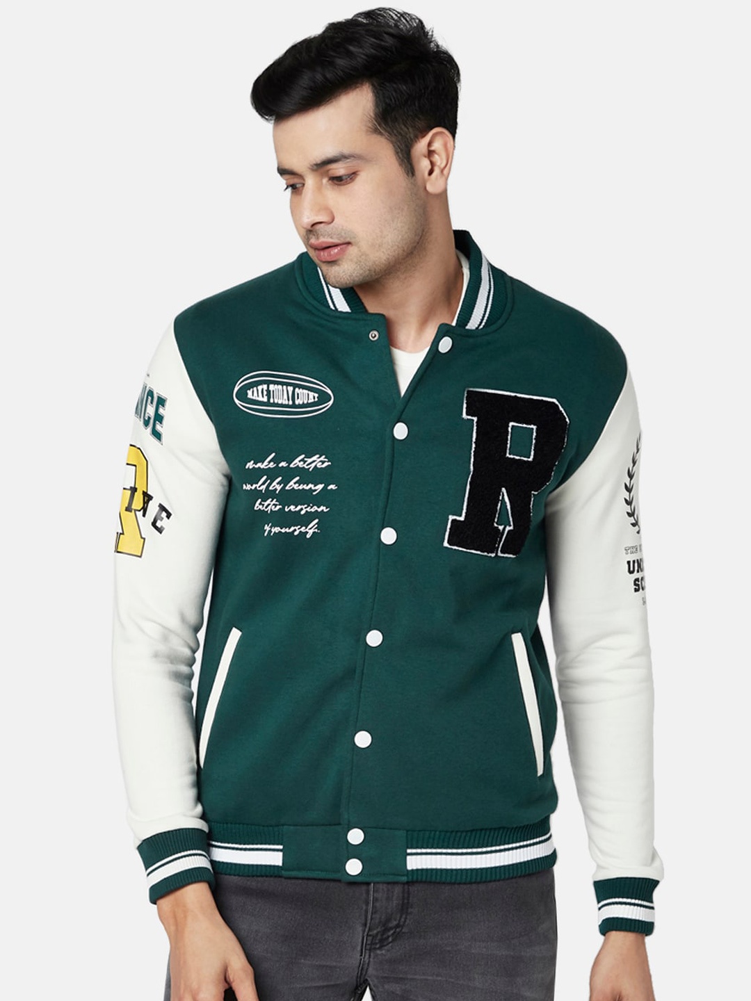 

People Men Teal Bomber with Patchwork Jacket