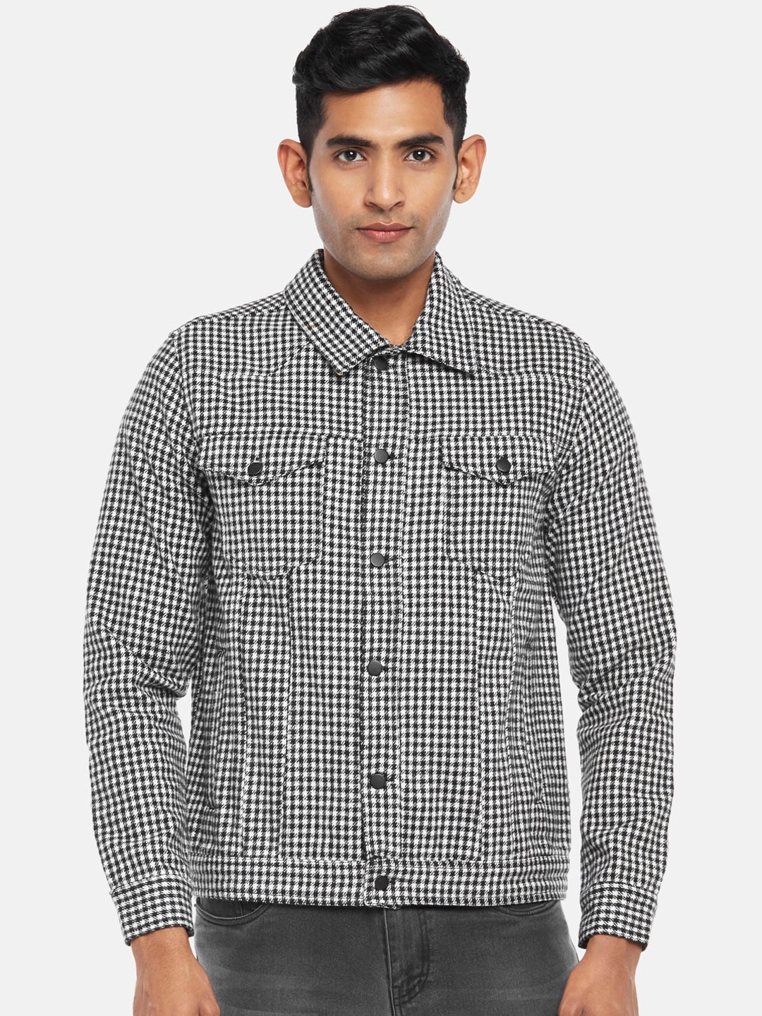 

People Men Black Houndstooth Denim Jacket