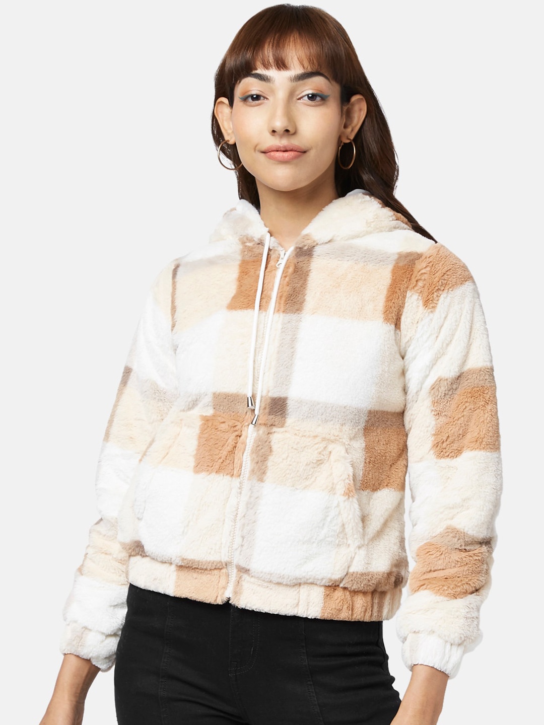 

People Women Beige & White Checked Bomber Jacket