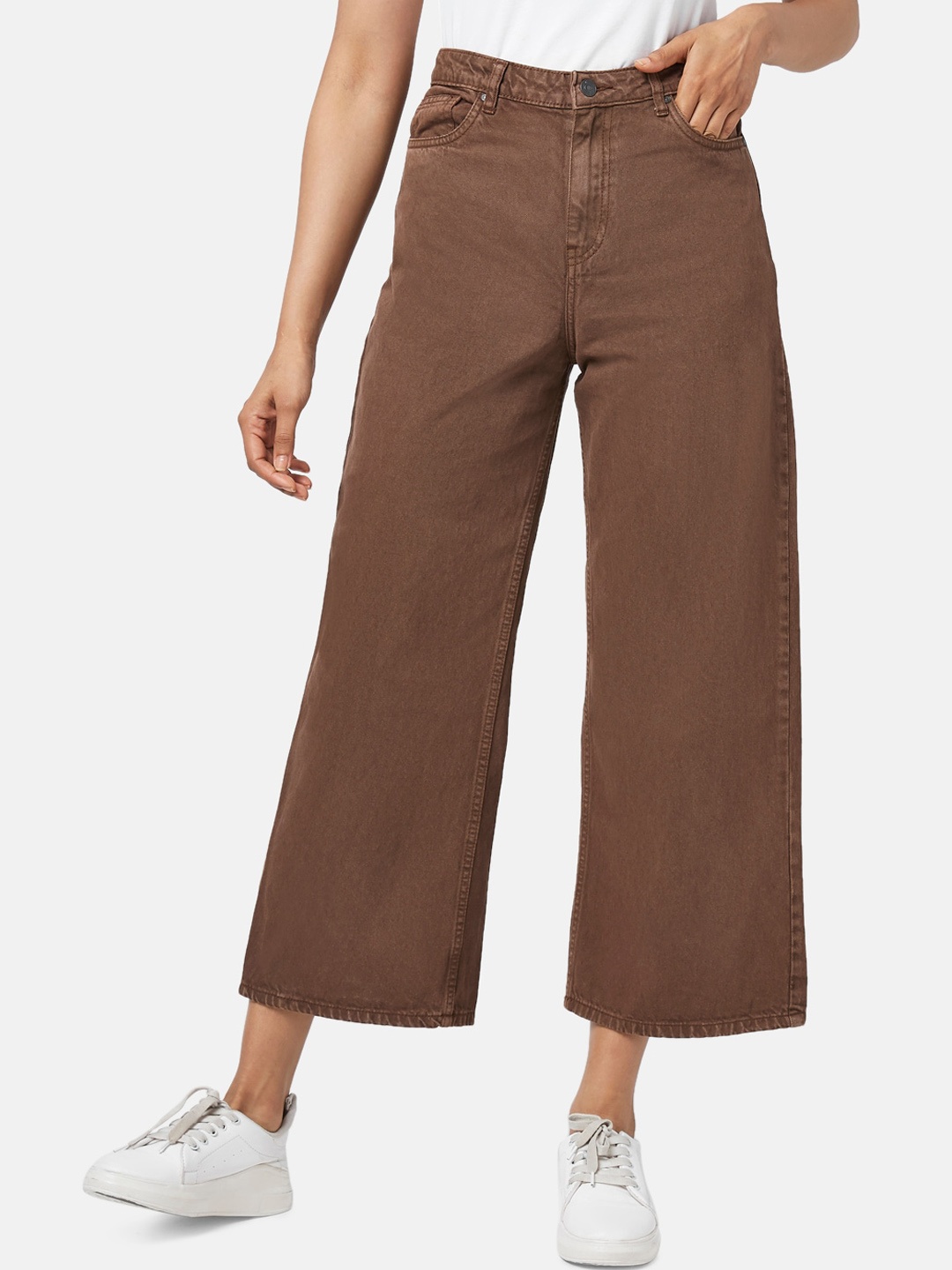 

People Women Brown Flared High-Rise Pure Cotton Jeans