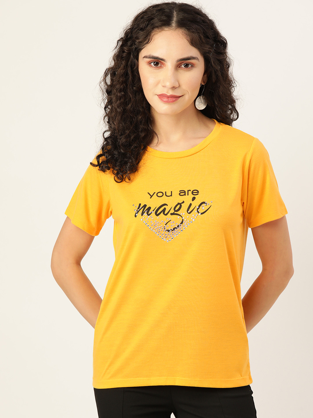 

Koton Women Yellow & Black Typography Printed T-shirt With Embellished Detail