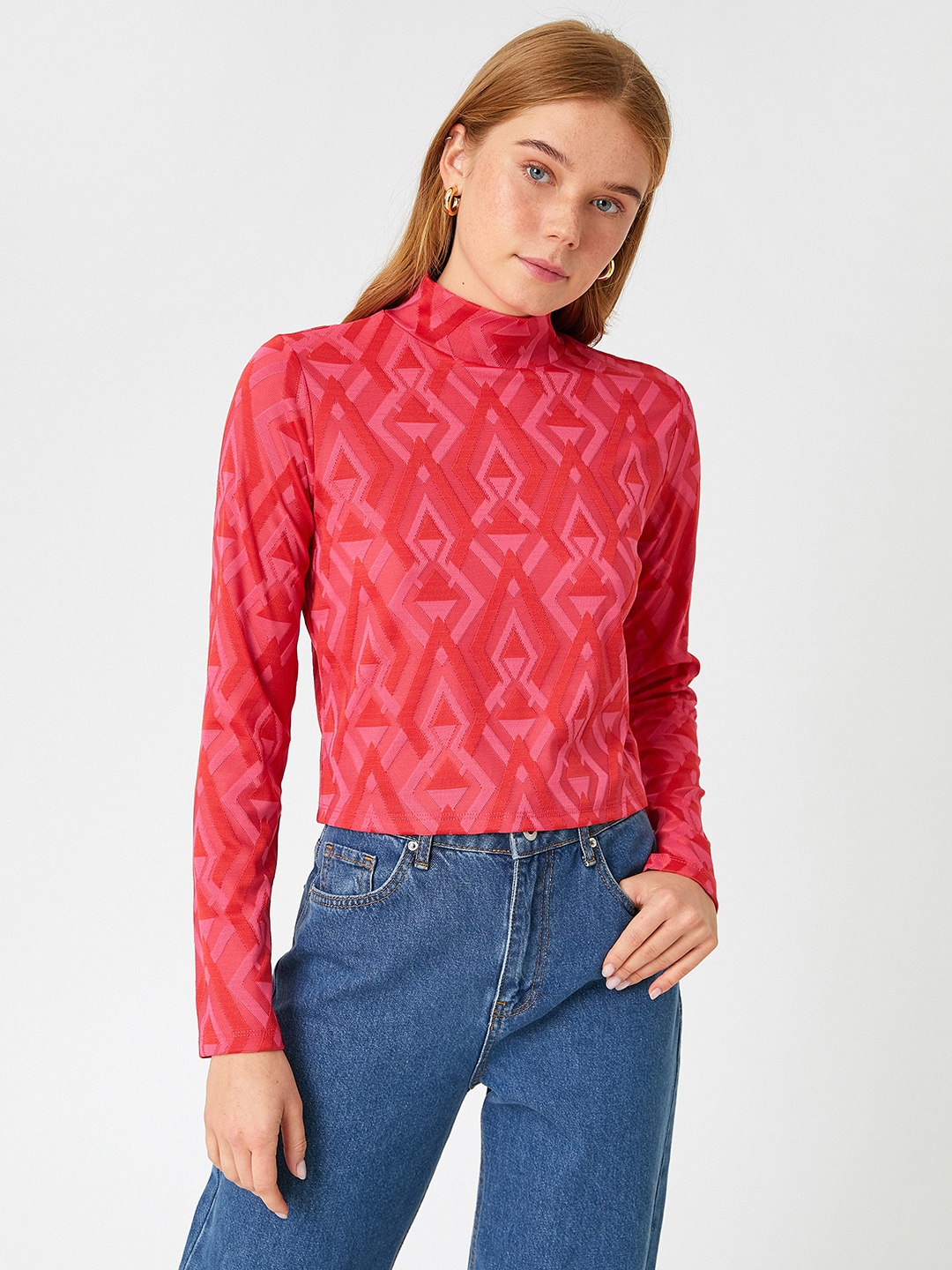 

Koton Fuchsia & Red Geometric Pattern High Neck Fitted Top