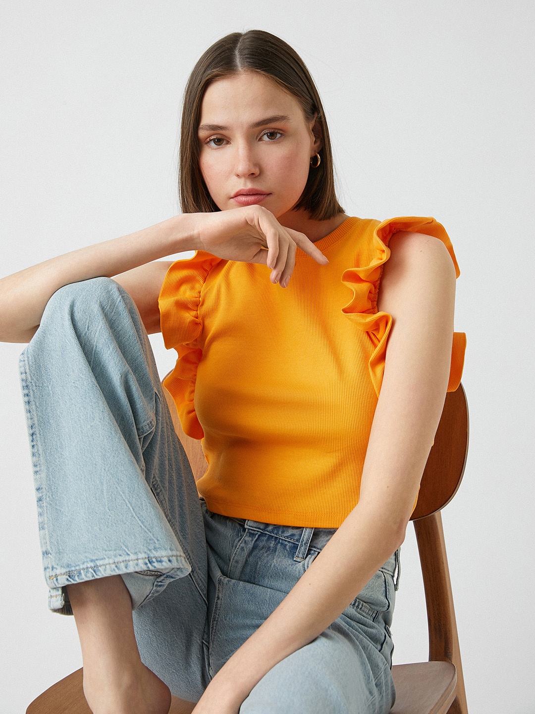 

Koton Women Orange Solid Ruffle detail Fitted Top