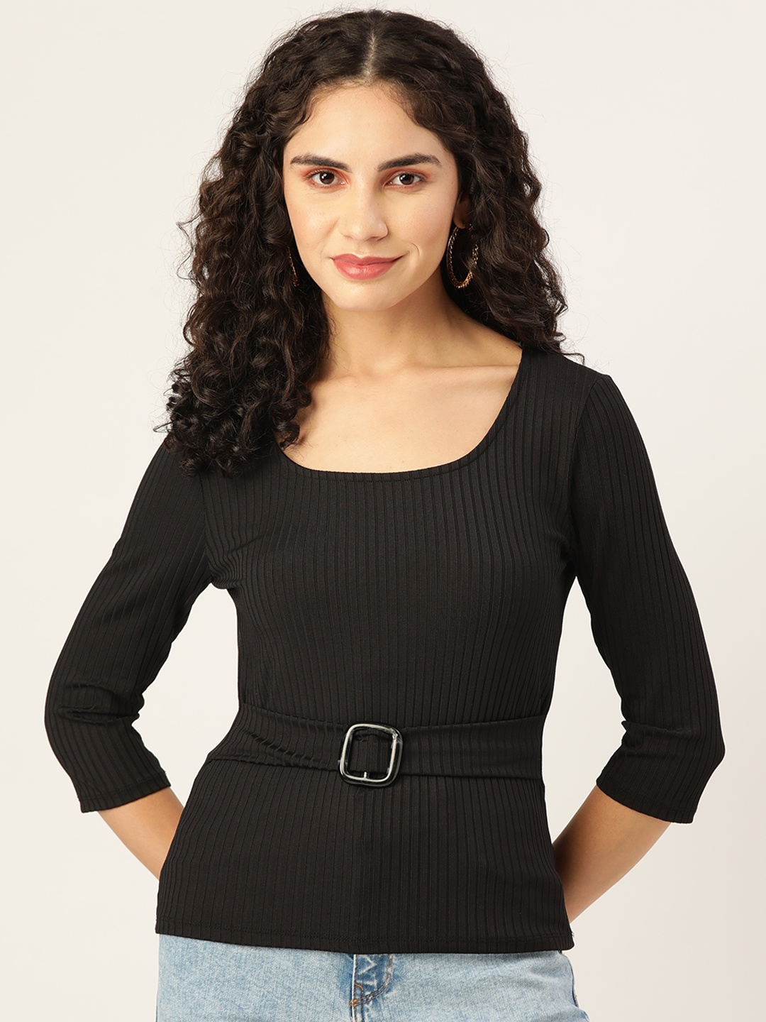 

Koton Women Black Ribbed Square Neck Belted Detail Top