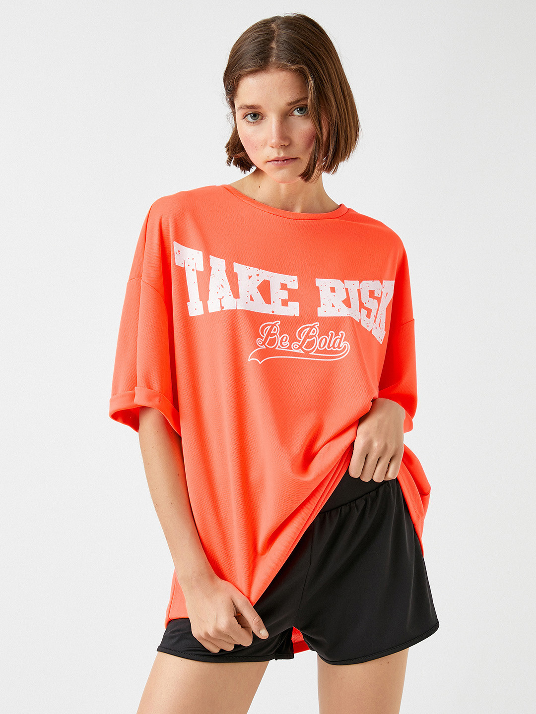 

Koton Women Orange Typography Printed Drop-Shoulder Sleeves Oversized T-shirt
