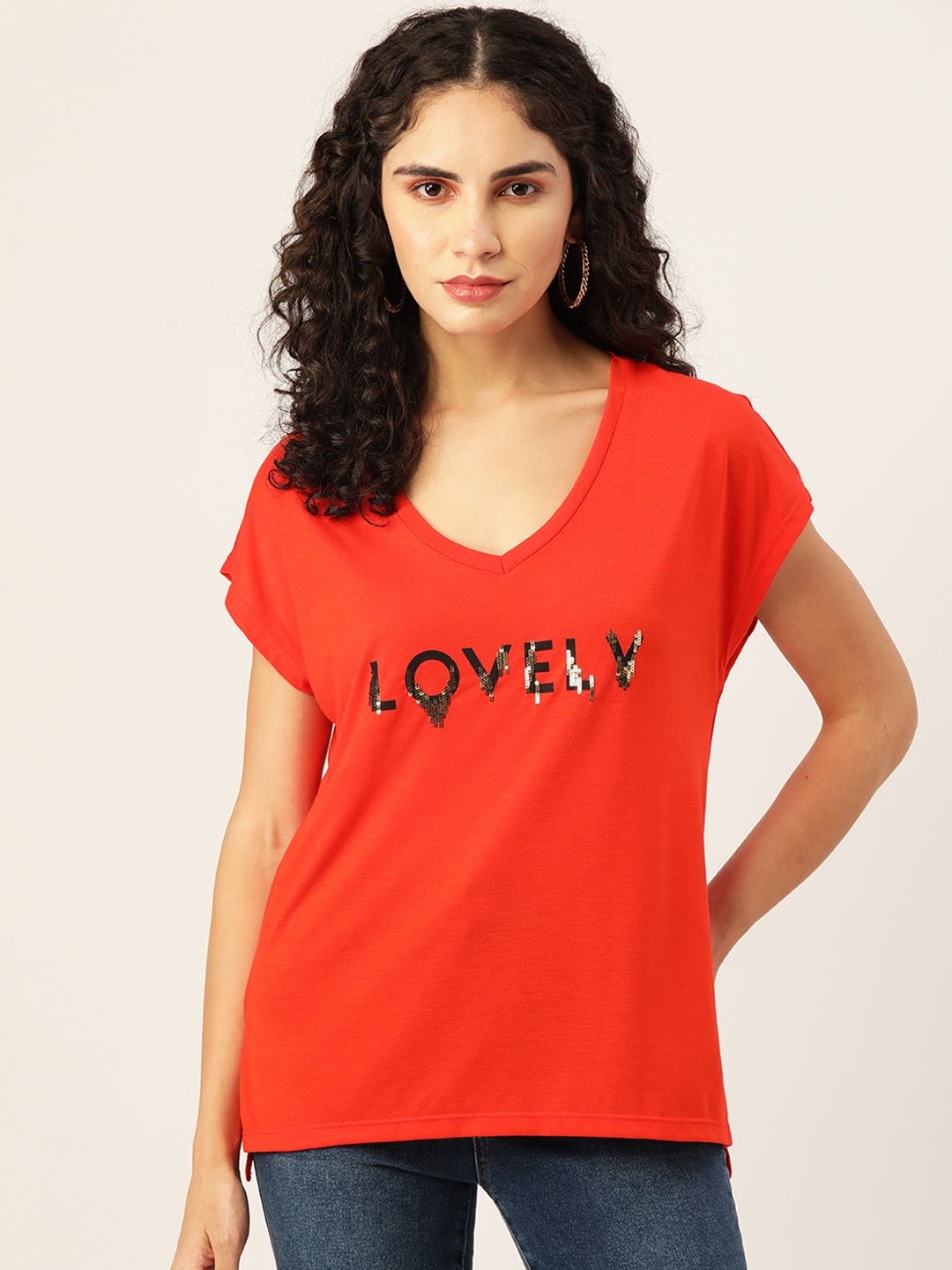 

Koton Women Orange Printed V-Neck Extended Sleeves T-shirt