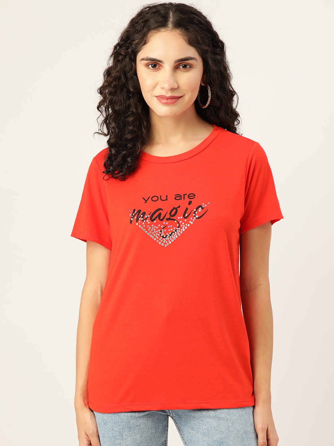 

Koton Women Orange Printed Regular Fit T-shirt With Embellished Detail