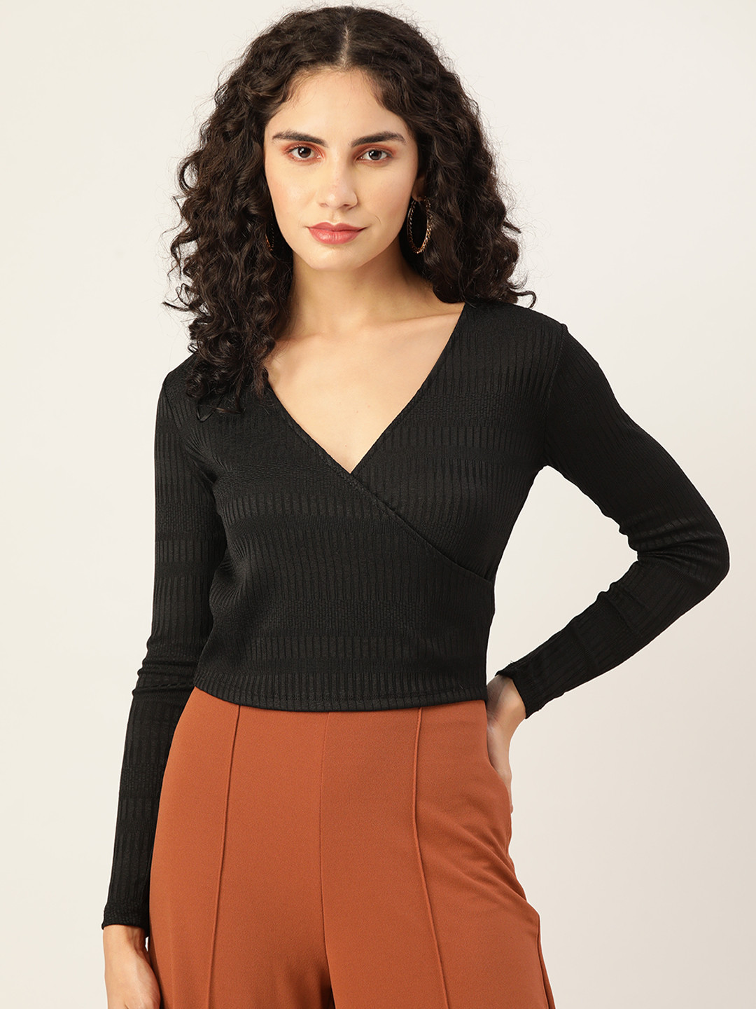 

Koton Women Black Ribbed V-Neck Long Sleeves Wrap Top