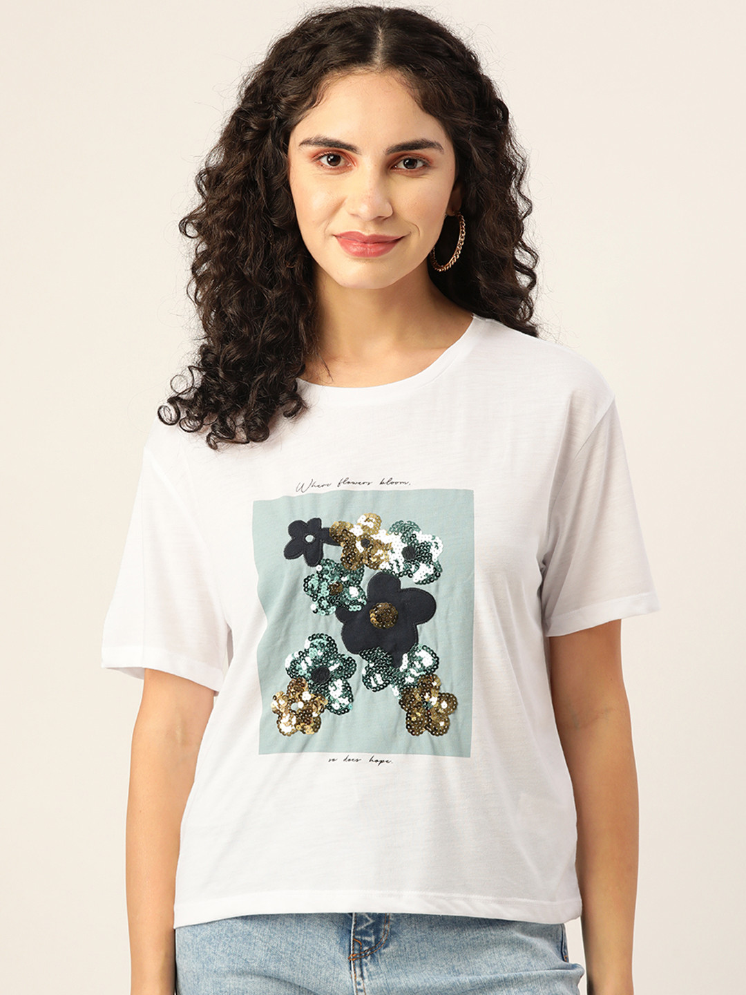 

Koton Women White Graphic Printed T-shirt With Embellished Detail
