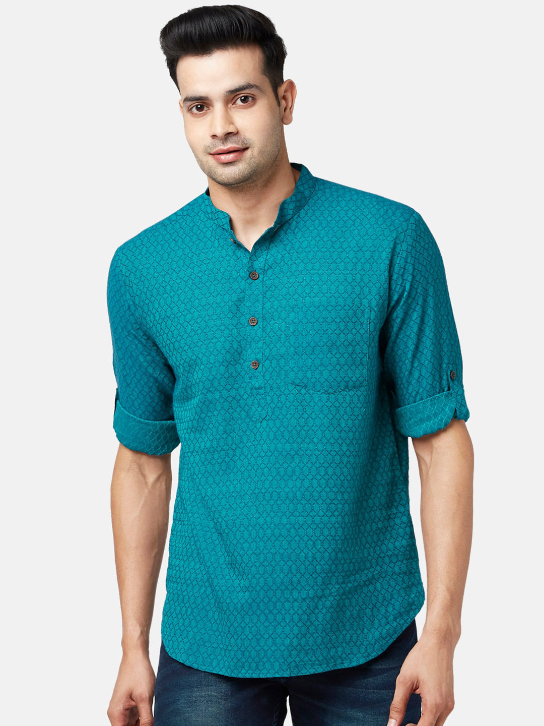 

indus route by Pantaloons Men Teal Woven Short Kurta