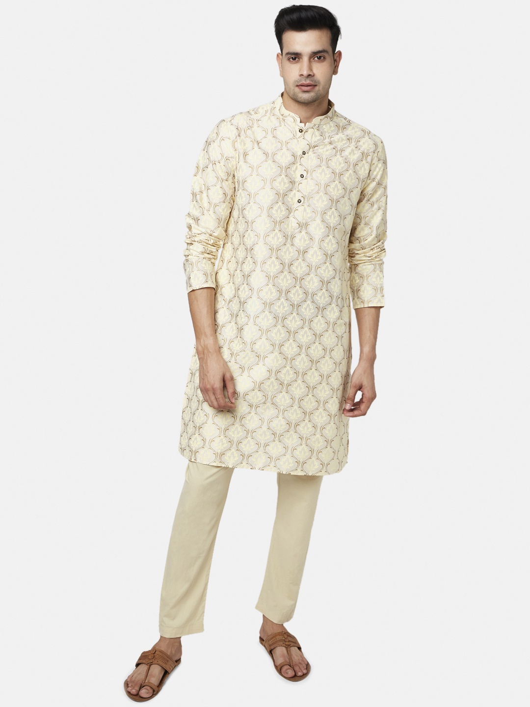 

indus route by Pantaloons Men Gold-Toned Geometric Kurta