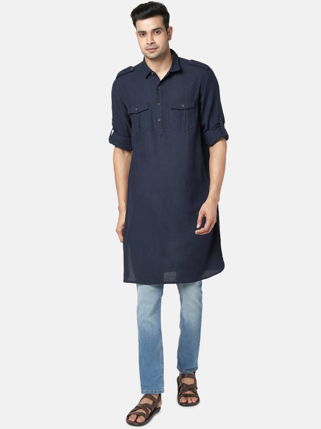 

indus route by Pantaloons Men Blue Pathani Solid Kurta