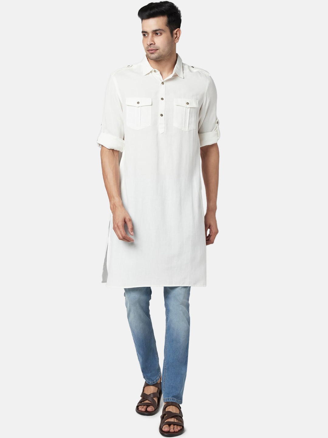 

indus route by Pantaloons Men Off White Pathani Solid Kurta