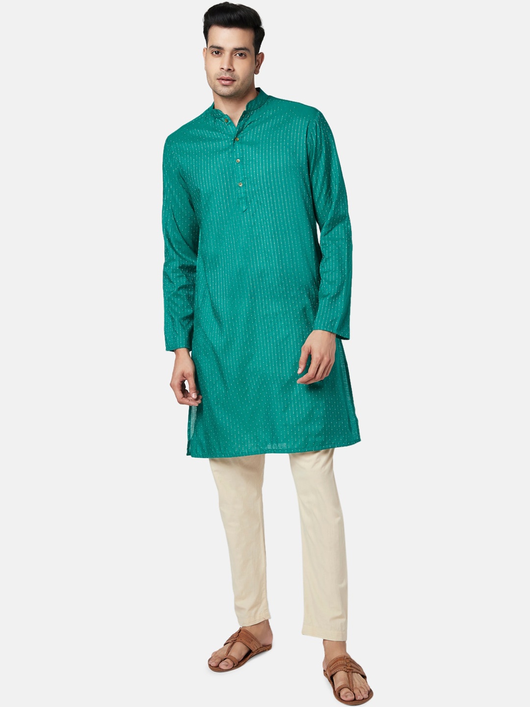 

indus route by Pantaloons Men Teal Woven Striped Kurta